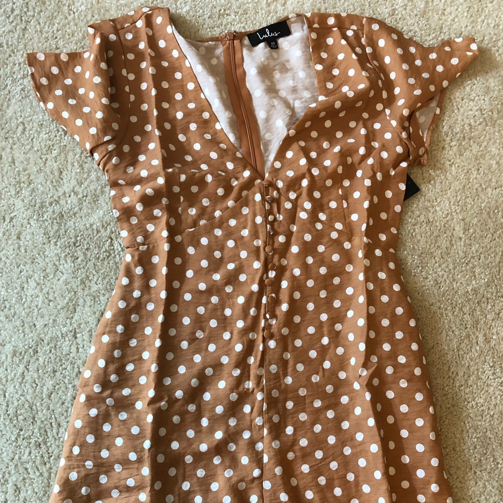 Lulu’s CAMEL BROWN AND WHITE POLKA DOT ROMPER